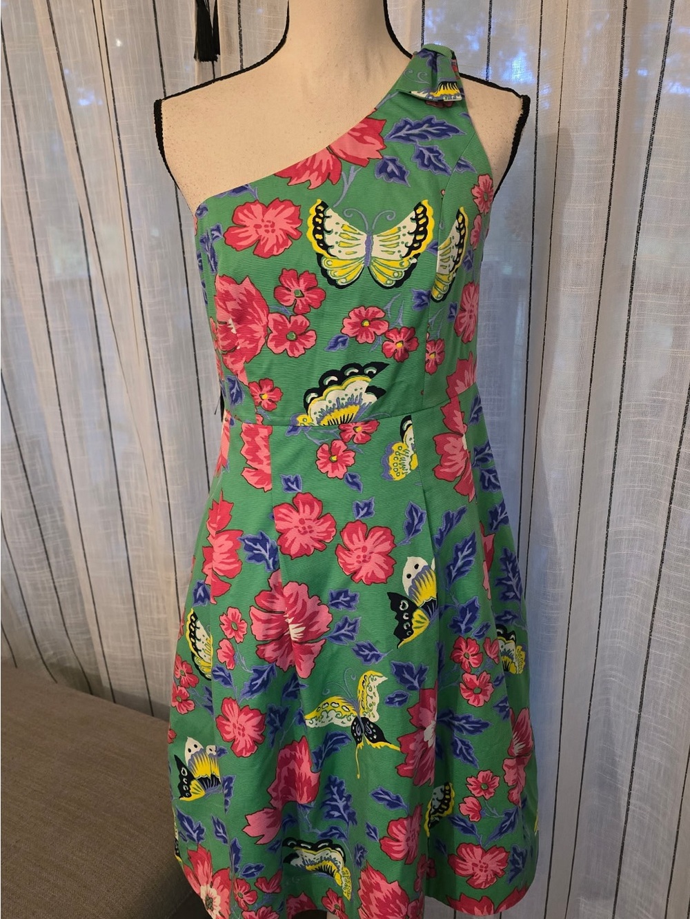 Talbots One-Shoulder Green Floral & Butterfly Sundress